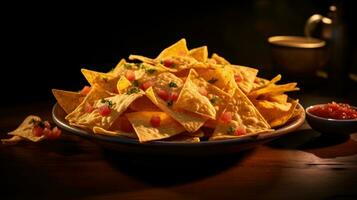 AI generated Bowl of nachos on wooden table on dark background. Snack of corn tortilla chips with various additives. Traditional Mexican dish. Ideal for restaurant menu, food blog, cookbook, bar photo