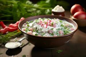 AI generated Bowl of okroshka. A traditional Ukrainian and Russian cold soup, made with vegetables, meat, sour cream. On wooden table. Close up. Ideal for restaurant menu, food blog, cookbook bar photo