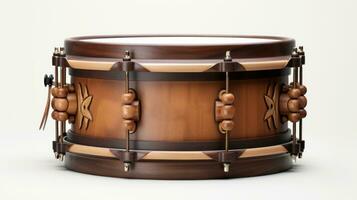 AI generated Detailed image of a wooden snare drum with metal hardware on a white backdrop, suitable for musical content photo