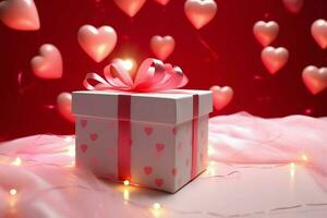 Happy valentine's day concept with red gift box and heart  shaped balloons romantic banner love concept by AI Generated photo