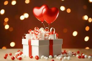 contento San Valentín día concepto con rojo regalo caja y corazón conformado globos romántico bandera amor concepto por ai generado foto