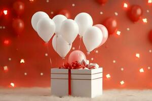 contento San Valentín día concepto con rojo regalo caja y corazón conformado globos romántico bandera amor concepto por ai generado foto