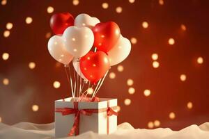 contento San Valentín día concepto con rojo regalo caja y corazón conformado globos romántico bandera amor concepto por ai generado foto