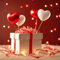 contento San Valentín día concepto con rojo regalo caja y corazón conformado globos romántico bandera amor concepto por ai generado foto