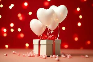 contento San Valentín día concepto con rojo regalo caja y corazón conformado globos romántico bandera amor concepto por ai generado foto