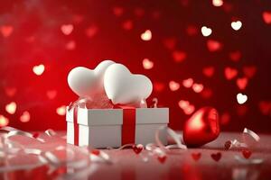 Happy valentine's day concept with red gift box and heart  shaped balloons romantic banner love concept by AI Generated photo