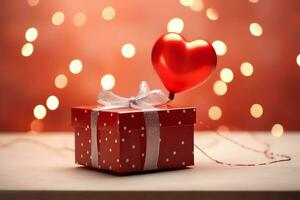 Happy valentine's day concept with red gift box and heart  shaped balloons romantic banner love concept by AI Generated photo