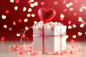 Happy valentine's day concept with red gift box and heart  shaped balloons romantic banner love concept by AI Generated photo