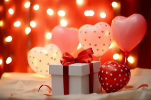 contento San Valentín día concepto con rojo regalo caja y corazón conformado globos romántico bandera amor concepto por ai generado foto