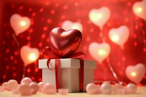 contento San Valentín día concepto con rojo regalo caja y corazón conformado globos romántico bandera amor concepto por ai generado foto