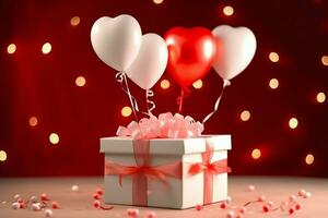 Happy valentine's day concept with red gift box and heart  shaped balloons romantic banner love concept by AI Generated photo