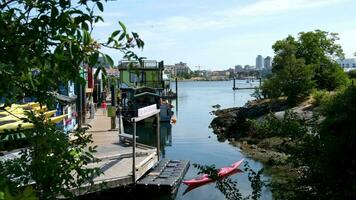 Victoria Brits Colombia, Canada vissers werf huis boot huizen vlotter Aan Vancouver eiland bc boten en jachten Bij vissers werf jachthaven in de binnenste haven video