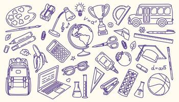 Set of vector illustrations of school items and stationery in doodle style