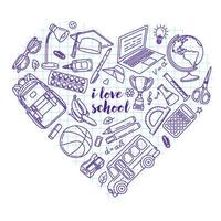 Set of vector illustrations of school accessories and stationery, camped in the shape of a heart in doodle style