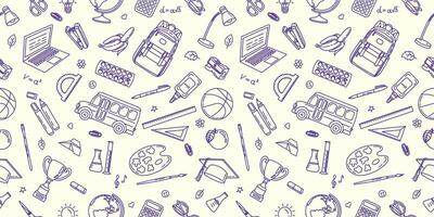 Seamless pattern of school supplies in doodle style. Vector hand drawn pattern on the school theme