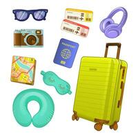 conjunto de vector ilustraciones de viaje y turismo accesorios. vistoso viaje objetos tal como cuello almohada, maleta, pasaporte, Entradas, cámara, Gafas de sol, mapa, auricular