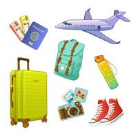 Set of vector illustrations of travel and tourism accessories. Colorful travel objects such as backpack, suitcase, passport, camera, plane, bottle, sneakers