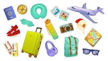 Big Set of colourful vector illustrations of travel and tourism accessories for a journey and vacation