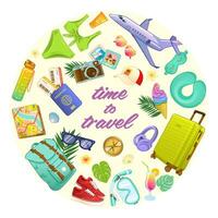 Set of vector illustrations of accessories for travel and tourism. Composition of travel accessories in cartoon flat style camped in the form of a circle