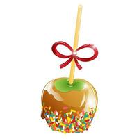 Vector illustration of apple on a stick in toffee caramel and sweet sprinkles in cartoon style