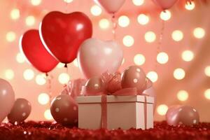 Happy valentine's day concept with red gift box and heart  shaped balloons romantic banner love concept by AI Generated photo