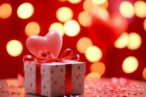 Happy valentine's day concept with red gift box and heart  shaped balloons romantic banner love concept by AI Generated photo