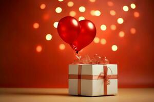 contento San Valentín día concepto con rojo regalo caja y corazón conformado globos romántico bandera amor concepto por ai generado foto