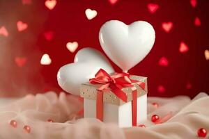 Happy valentine's day concept with red gift box and heart  shaped balloons romantic banner love concept by AI Generated photo