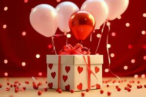 contento San Valentín día concepto con rojo regalo caja y corazón conformado globos romántico bandera amor concepto por ai generado foto