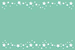 Vector rectangular festive green pastel background - banner with a frame with a stripe of white volumetric stars at the bottom and top and a place for text