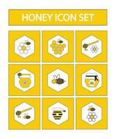 Set of icons on the theme of honey and beekeeping - bees, flowers, beehive, jars of honey, honeycombs inside polygons. Flat vector illustration in yellow, white and black colors