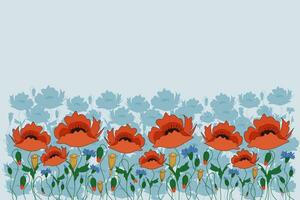 Blooming meadow flowers poppies and cornflowers with buds on a light blue background. Rectangular vector floral background with place for text for banners and wallpapers