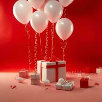 Happy valentine's day concept with red gift box and heart  shaped balloons romantic banner love concept by AI Generated photo