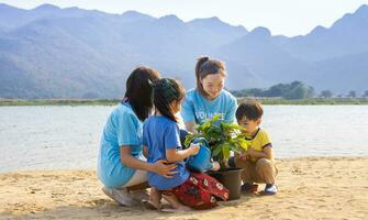 equipo de voluntario trabajador grupo enseñando niños a plantando árbol en Caritativo social trabajo en bosque reconstrucción ong trabajo para luchando clima cambio y global calentamiento en el línea costera habitat concepto foto