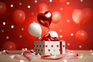 contento San Valentín día concepto con rojo regalo caja y corazón conformado globos romántico bandera amor concepto por ai generado foto