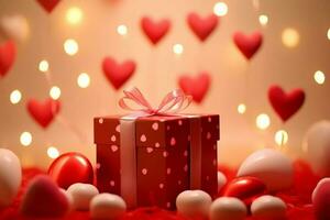 Happy valentine's day concept with red gift box and heart  shaped balloons romantic banner love concept by AI Generated photo