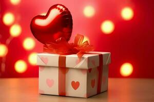 contento San Valentín día concepto con rojo regalo caja y corazón conformado globos romántico bandera amor concepto por ai generado foto