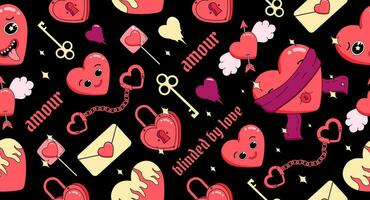 Valentine's Day seamless pattern with heart characters, cupids, locks, keys, chains and gothic text, romantic retro banner, vector illustration.