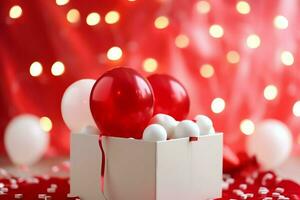 contento San Valentín día concepto con rojo regalo caja y corazón conformado globos romántico bandera amor concepto por ai generado foto