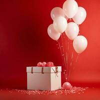 contento San Valentín día concepto con rojo regalo caja y corazón conformado globos romántico bandera amor concepto por ai generado foto