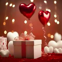 Happy valentine's day concept with red gift box and heart  shaped balloons romantic banner love concept by AI Generated photo