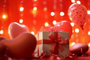 Happy valentine's day concept with red gift box and heart  shaped balloons romantic banner love concept by AI Generated photo