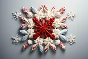 AI generated Candy canes forming a snowflake on a white background, christmas picture photo