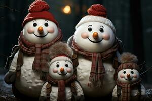 AI generated Snowman family with sleighs preparing for a festive winter ride through the snow, christmas picture photo