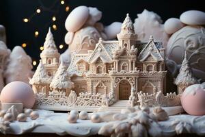AI generated Gingerbread house cookies nestled in a bed of powdered sugar snow creating a charming winter wonderland, christmas picture photo