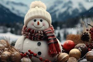 AI generated Close up of a snowman adorned with a cozy hat and mittens surrounded by snow covered pinecones and berries, christmas wallpaper photo