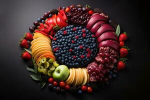 AI generated A festive holiday wreath made of chocolate covered fruit slices, xmas images photo