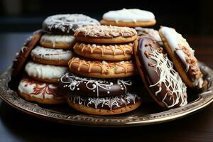 AI generated Close up of intricately decorated christmas cookies arranged on a festive platter showcasing craftsmanship, christmas background photo