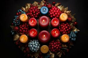 AI generated Festive holiday wreath made of candlelight and cheer, christmas picture photo