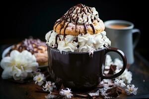 AI generated Indulge in the warmth of a hot cocoa mug adorned with holiday delights, merry christmas images photo